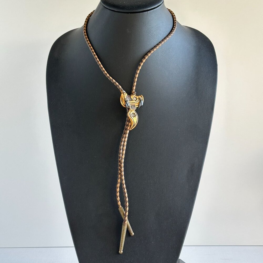 1960s–1970s Tooled Leather Saddle Bolo Tie, Western Bolo with Brass Tips